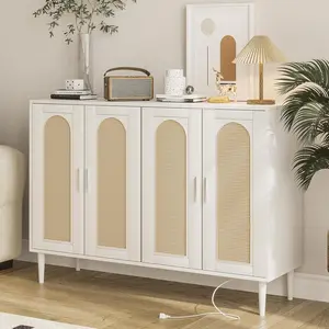 Modern Boho Rattan Entryway Storage Cabinet – 4-Door Wooden Sideboard Buffet with Adjustable Shelves & Power Outlet – Console Table for Living Room, Hallway, Dining Room, Coffee Bar