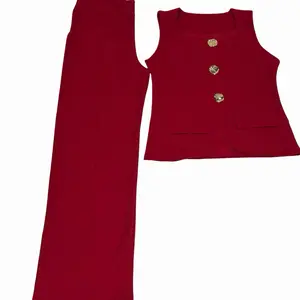 Ericka Set - Red Sleeveless Top with Gold Buttons & Matching Pants for Women's Fashion