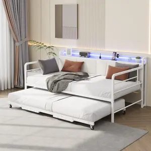 Twin Daybed with Pop-Up Trundle - Metal Bed Frame with Charging Station & LED Light, Linen Upholstered Storage Headboard - Heavy Duty Guest Bed for Bedroom, Living Room - Twin Size