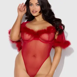 Marilyn feather and mesh bell-sleeved bodysuit in crimson red. Normally $76 on sale for $38 by House of Desire. It reminds of of our favorite popstar!