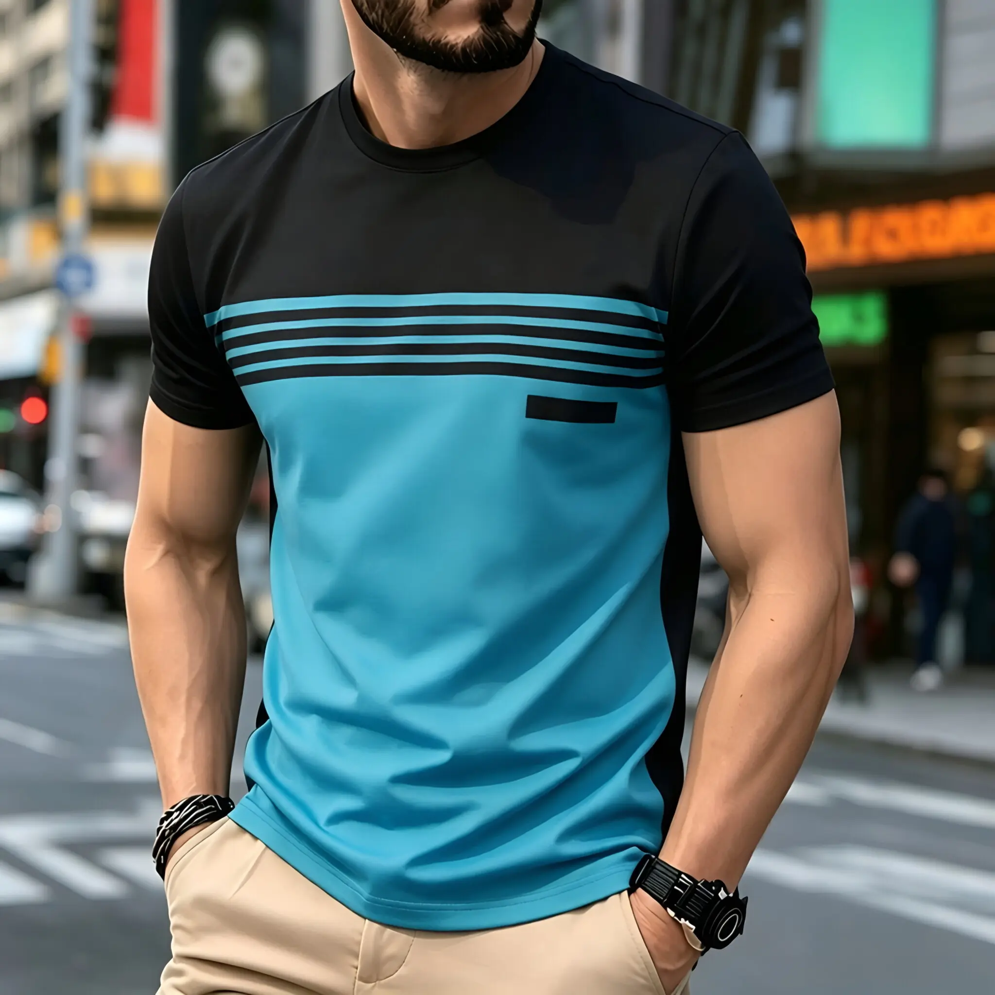 Men's Fitted Color-Block Striped Crew Neck Short-Sleeve T-Shirt - Breathable Stretch Polyester Top for Summer Outdoor Wear, Basic Colorful 2-Tone Design, Color Block Men's Short-Sleeve T-Shirts
