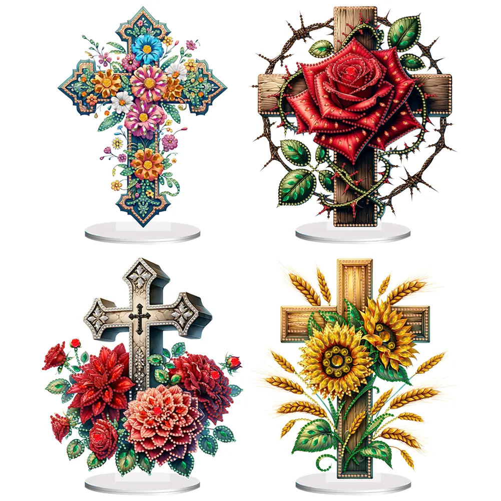 5D DIY Art Diamond Painting Desktop Ornament with Diamond Pattern Design, Acrylic Special-Shape Cross Flower Decor (Toys & Hobbies Needlework Craft)