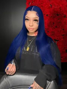 Navy Blue 13x4 Lace Front Wig Free Part Natural Hairline Heat-Resistant Fiber Synthetic Wig Blue Concert Look Straight Wig Coachella Festival Look for Women Party Cosplay Stage 28 Inches