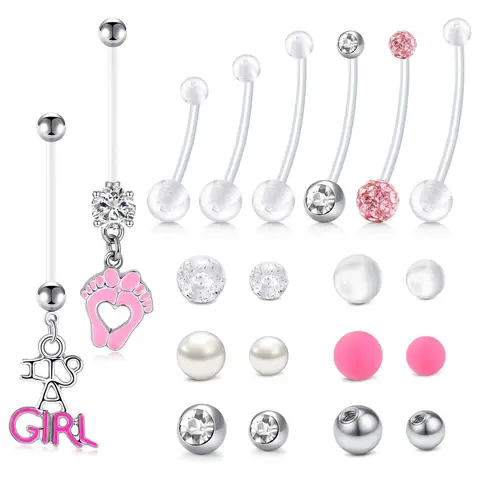 Hypoallergenic Bioflex Plastic Pregnancy Belly Button Rings Long Bar Navel Rings for Maternity Women Flexible 10-32mm Clear with Balls and Heart Pendant for Replacement