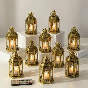 Mini Lanterns with Remote Control: Set of 10 Gold Lantern with Timer Dimmer Table Centerpieces Decorations for Ramadan Wedding Party Camping Decor
