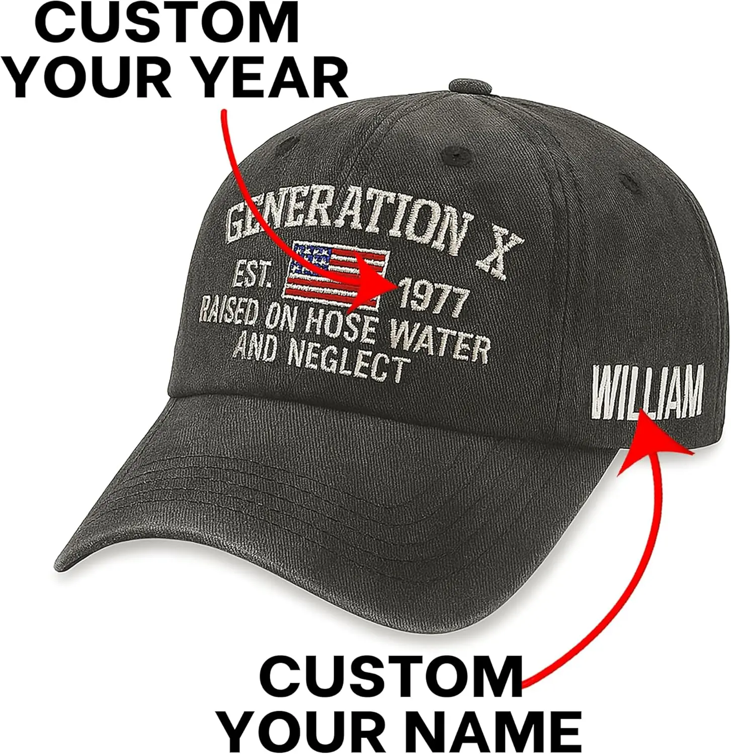 Generation X Custom Year Hat, Washed Cotton Embroidered Dad Cap with American Flag, Raised on Hose Water and Neglect, Personalized Name Adjustable Baseball Hat for Gen X Men Women Black, 2 sides Embroidered Washed Baseball Hat, For Men, For Women