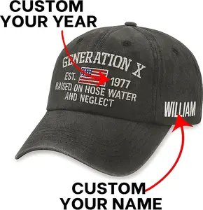 Generation X Custom Year Hat, Washed Cotton Embroidered Dad Cap with American Flag, Raised on Hose Water and Neglect, Personalized Name Adjustable Baseball Hat for Gen X Men Women Black, 2 sides Embroidered Washed Baseball Hat, For Men, For Women