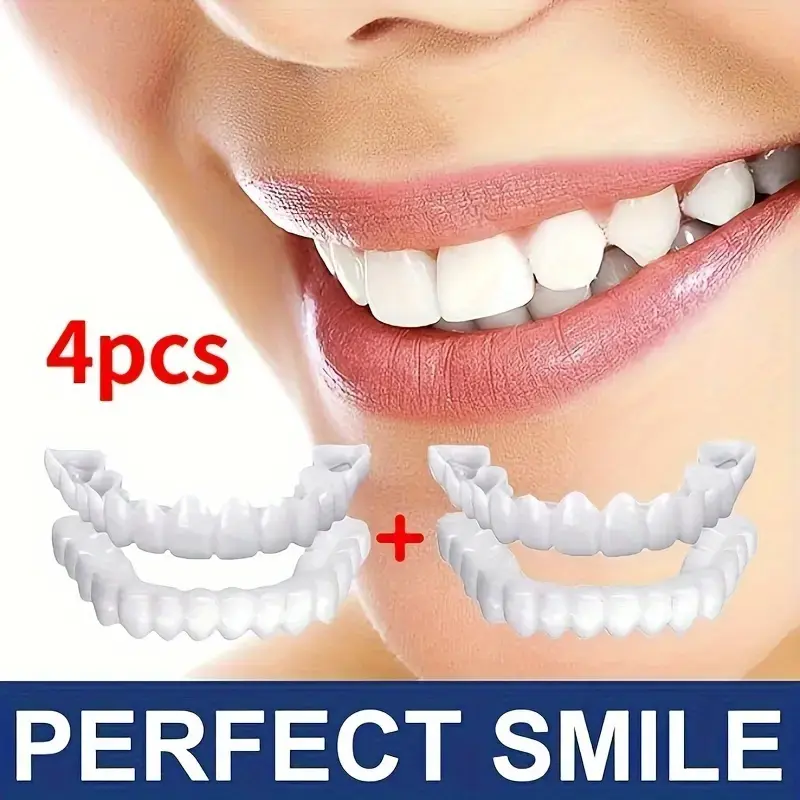 Cosmetic Teeth Veneer Kit, 4-Piece Adjustable Plastic Veneers with Plaid Detail for Men & Women, Instant Smile Whitening Effect for Cosplay, Oral, Fake Teeth, Boosts Confidence