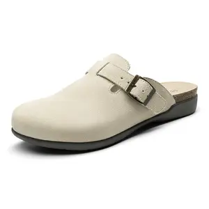 Athlefit Genuine Leather Clogs for Women Soft Cork Footbed Adjustable Buckle Mules Slip On Potato Shoes with Arch Support