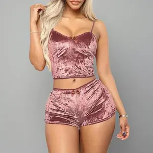 Women’s minimalist velvet two-piece set with bow decor: casual, comfortable cropped cami top and high-waisted modest shorts for summer; a casual summer outfit set for ladies for outdoor holidays; women’s suits? Valentine’s Day Gifts Pajama Matching