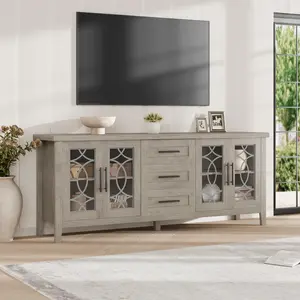 Rustic 70 Inch TV Stand – Farmhouse Entertainment Center with Glass Door, 2 Storage Cabinets & 3 Drawers – Modern Media Console Table – Versatile for Living Room or Bedroom – White Brown