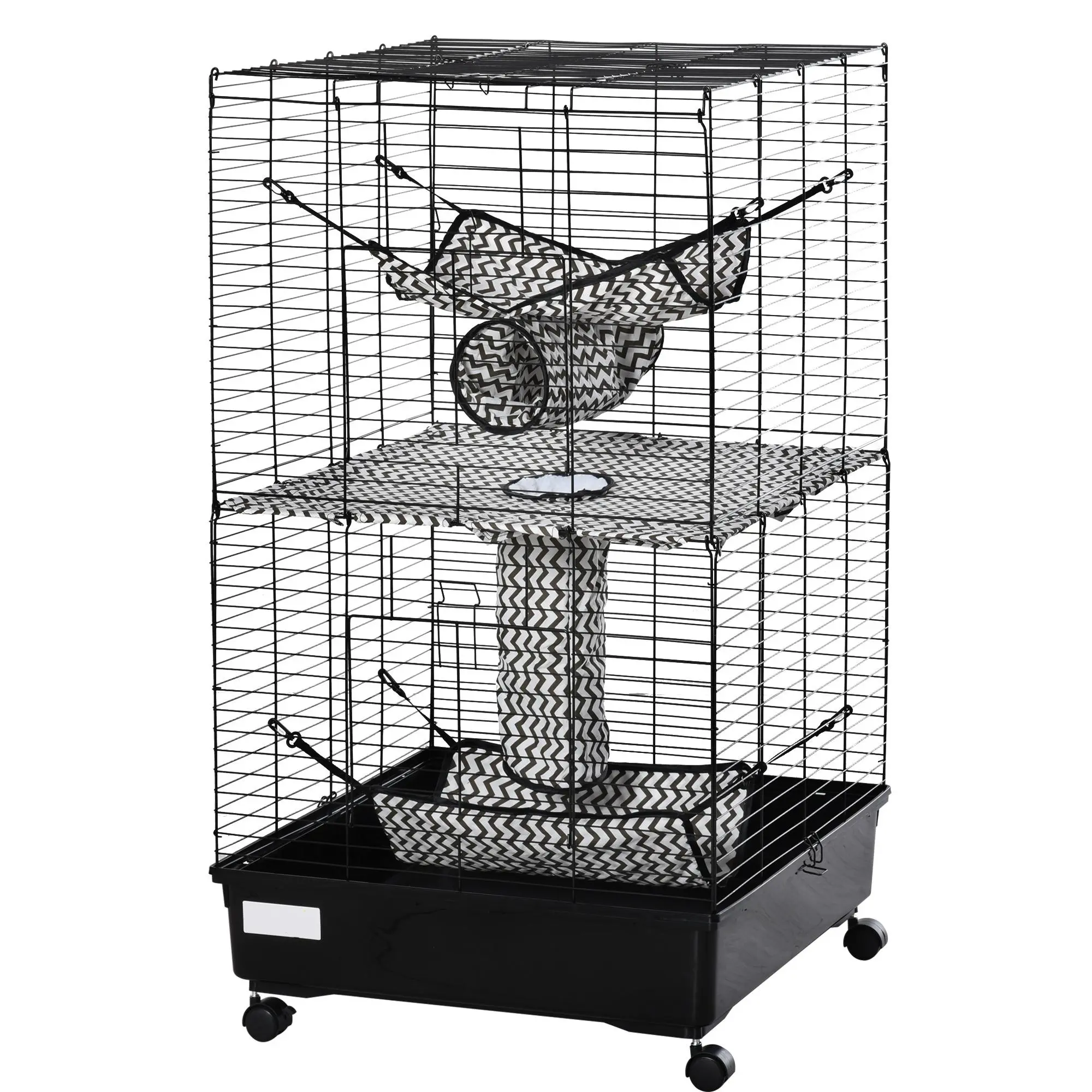 42" Metal Ferret Cage - Small Animal Habitat with Wheels & Brakes, Hammocks, Hanging Tunnels, 3 Doors, Black - Ideal for Indoor Living Room, Play Area