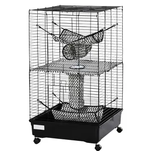42" Metal Ferret Cage - Small Animal Habitat with Wheels & Brakes, Hammocks, Hanging Tunnels, 3 Doors, Black - Ideal for Indoor Living Room, Play Area