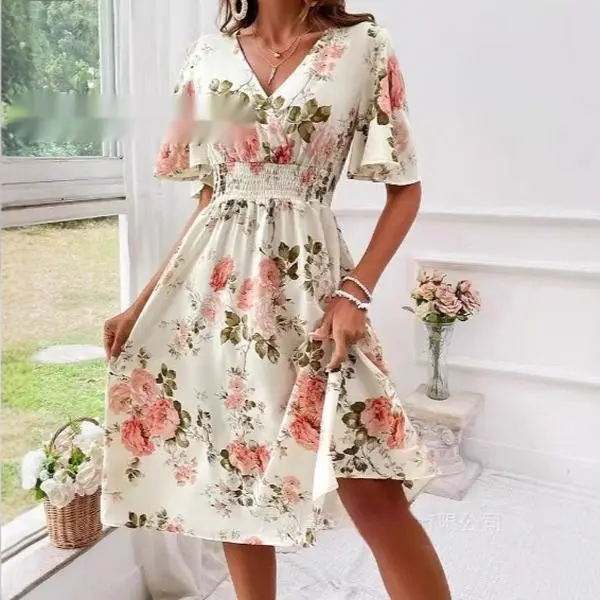 Ladies New Plant Flower Print Belt Smocking Dress