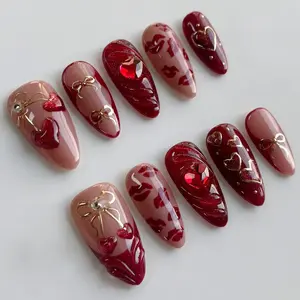 30 Pcs Sweet Daily Wear Nail Art, Nail Tips Art, 3D Cherry Heart Cutout Design, Cat Eye Bow French Style, Detachable Youthful Look