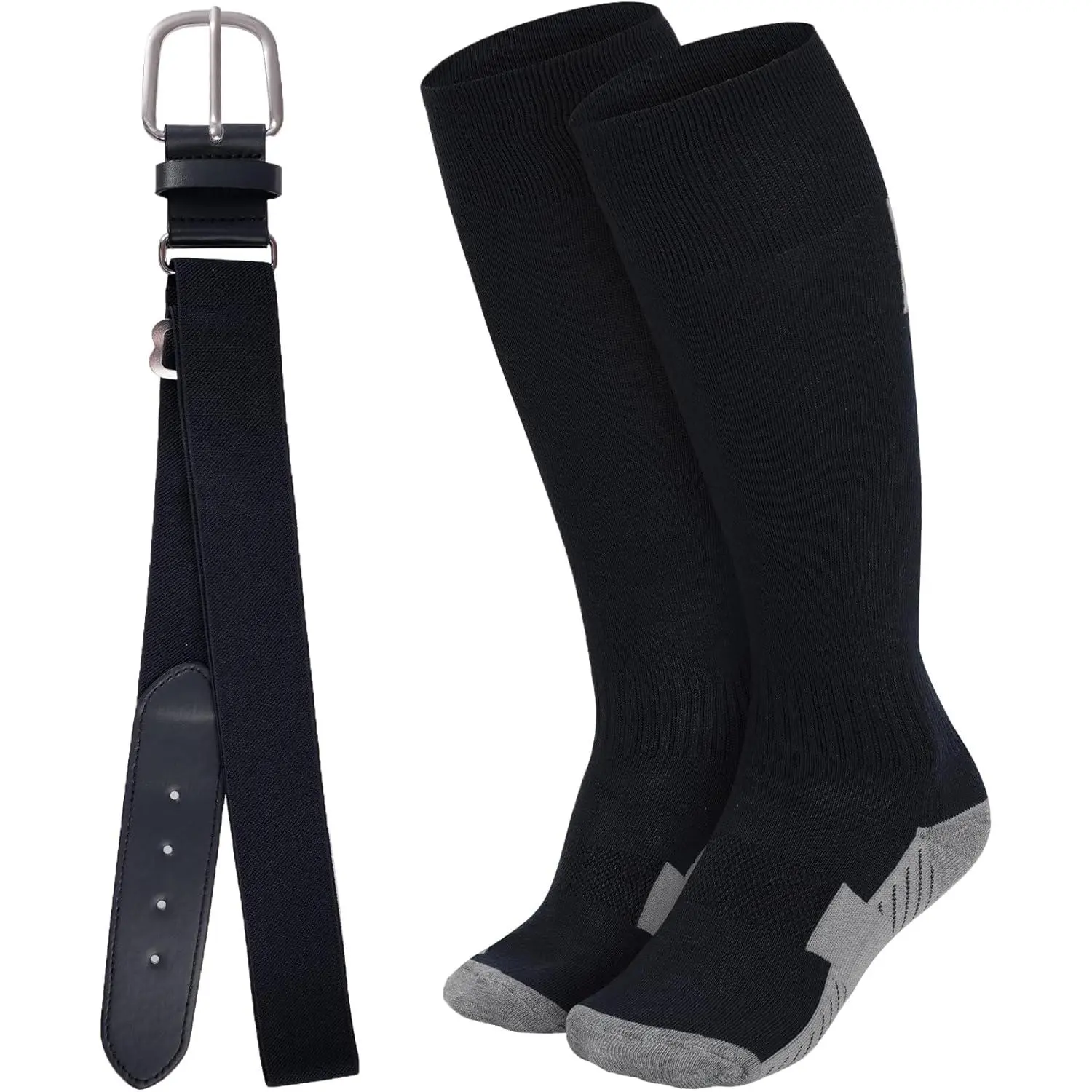 Youth Baseball Belt and Sock Set, Solid Color Adjustable PU Leather Belt and Breathable Polyester Socks for Kids, Softball, Football, Running, Golf, Knee Socks