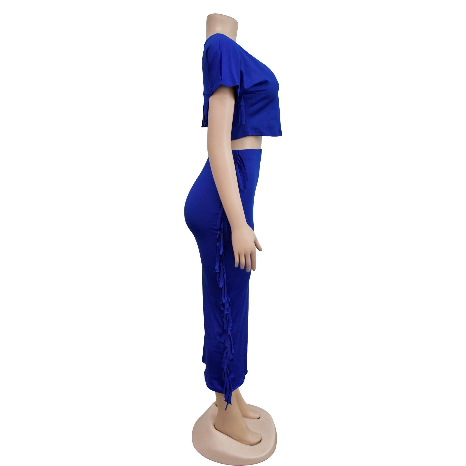 FashionableStyle Solid Color Fringe Round Neck Short Sleeve Long Dress Two-Piece Set