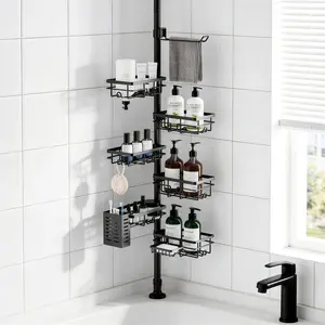 Shower Caddy Organizer Tension Pole, Rustproof 6-Pack Corner Shelf with 30-120 Inch Adjustable Shower Rack for Inside Shower, Extra Towel Bar & Soap Dish for Bathroom Organizers and Storage, Black
