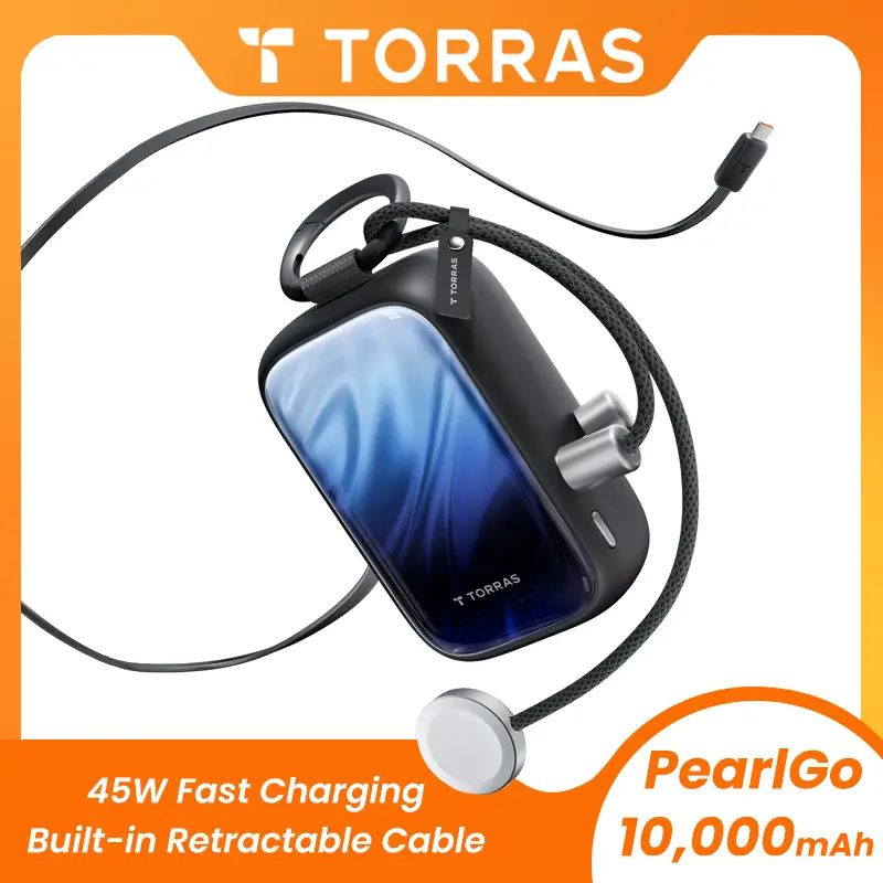 TORRAS PearlGo 45W Fast Charging Power Bank 10000mAh with Retractable USB-C Cable & Apple Watch Charger, Portable Travel Charger for iPhone, Samsung and More Black