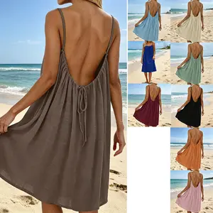 Backless loose vacation style long home skirt dress for women Casual Solid Color, Backless Tie-Strap Maxi Dress