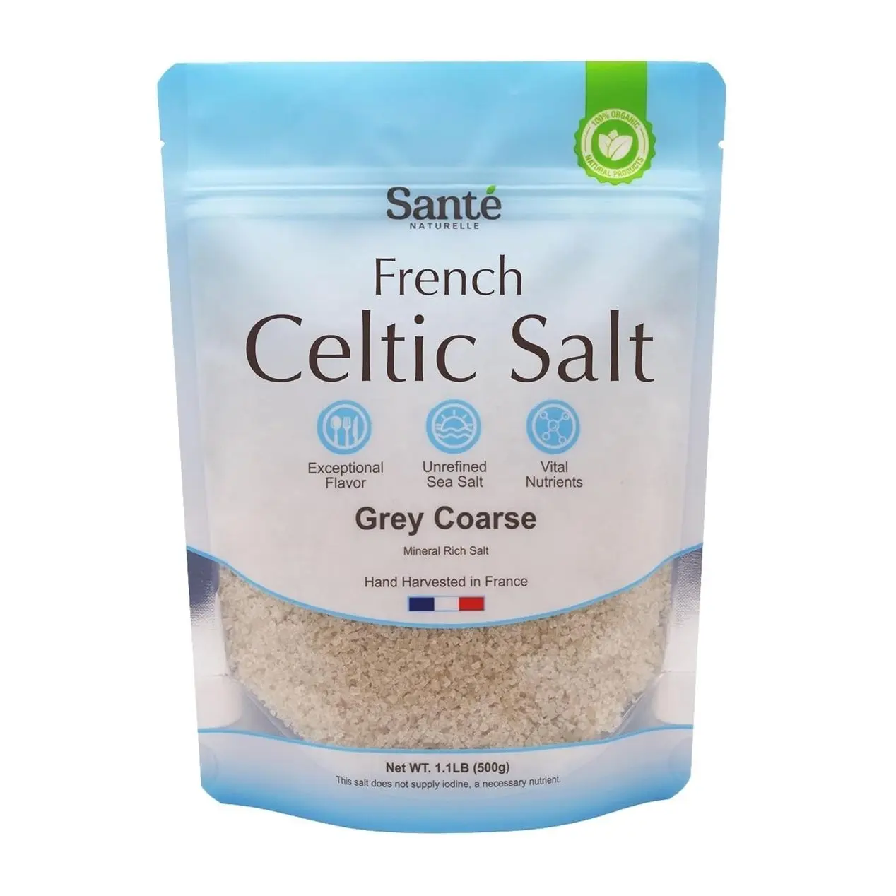 Sante Naturelle Celtic Salt Grey Coarse - 1.1lb (18oz) Unrefined French Sea Salt Organic, Rich in 82+ Minerals Salt, 100% Natural & Hand Harvested Sal Celtica