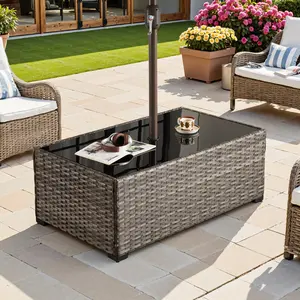 Rattan Umbrella Coffee Table, Bistro Wicker Side Square Table, Patio Umbrella Side Table Stand with Umbrella Hole, Outdoor Leisure Coffee Table for Garden, Poolside,Deck