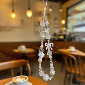 Mobile phone chain ins niche bow love phone case hanging rope handmade DIY bead camera chain phone anti loss rope headphone cover bag hanging decoration personalized female Cell Phone Charm