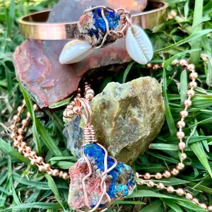 2-Piece Azurite Malachite Copper Jewelry Set, Handmade Wire-Wrapped Healing Crystal Pendant Necklace & Copper Cuff Bangle Bracelet