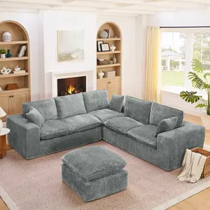 Aobtkel 107'' Modern Boucle L-Shaped Deep Seat Sofa with Moveable Ottoman, Comfy Cloud Couch with Pillows, DIY Combination for Living Room