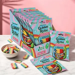Gummy Rush Sour Belt Bites Rainbow Carnival Candy Pack, Vegan Fruity Rainbow , 12 x 60g Bags