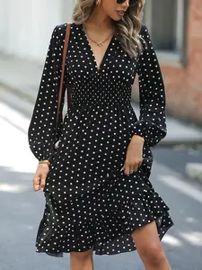 Women's Frenchy Style Polka Dot Print Ruffle Hem A Line Dress, Casual Deep V Neck Bishop Sleeve Midi Dress, Casual Chic Minimalist Womenswear, Spring & Fall Clothing for Daily Wear Work Office