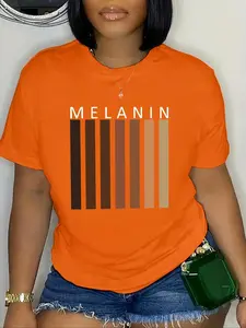 Women's "MELANIN" Letter Graphic Round Neck Tee, Fashion Casual Streetwear Short Sleeve T-Shirt for Daily Wear, Ladies Summer Clothes