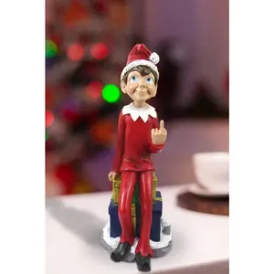 Naughty Christmas Elf Flipping The Bird Sitting On Santa Presents Shelf Figurine