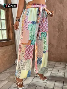 Women's Patchwork Print  Tie Waist Wide Leg Pants,   Casual Comfy Trousers for Daily Wear, Ladies Bottoms for All Seasons