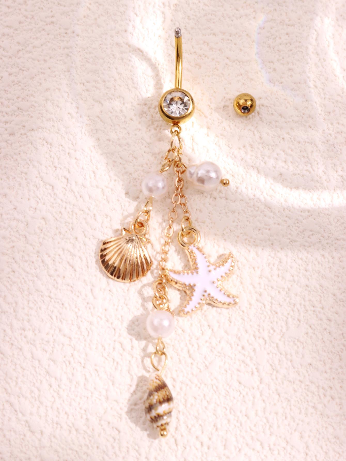 1pc Fashion Casual Elegant Sexy Beach Resort Ocean Style Shell Starfish Shell White Belly Button Ring Beach Vacation Body Jewelry For Women