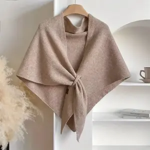 Women's Korean-Inspired Wool Triangle Scarf-Cape, Elegant Solid-Color Winter Warm Accessory for Office, Party