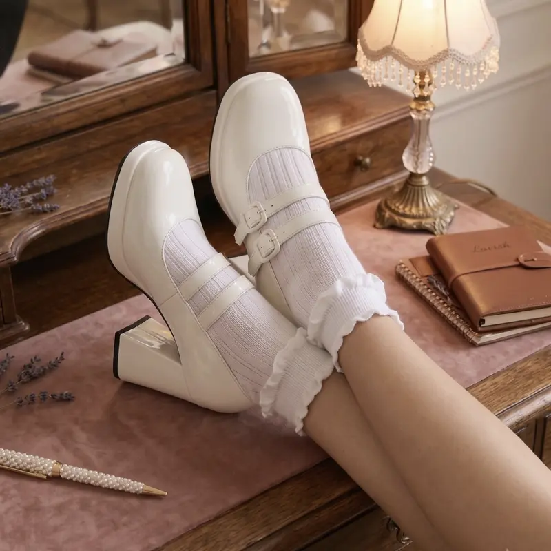 Belovely Women's Chunky Heel Platform Mary Janes - Coquette Aesthetic Square Toe Pumps in Patent Leather for Casual Wear