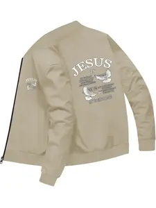 Trendy Fashion Men's Jesus Text and Peace Dove Printed Baseball Jacket for Daily Leisure and Street Outings