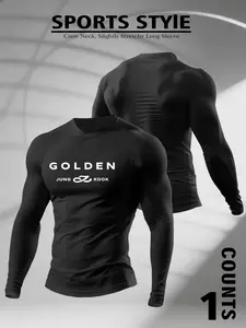Men's "GOLDEN Jung Kook" Graphic Crew Neck Compression Long Sleeve - Athletic style activewear, Athletic Top for Gym Workouts, Stretch Fabric for Casual Wear, Trendy K-Pop Fan Fashion Piece