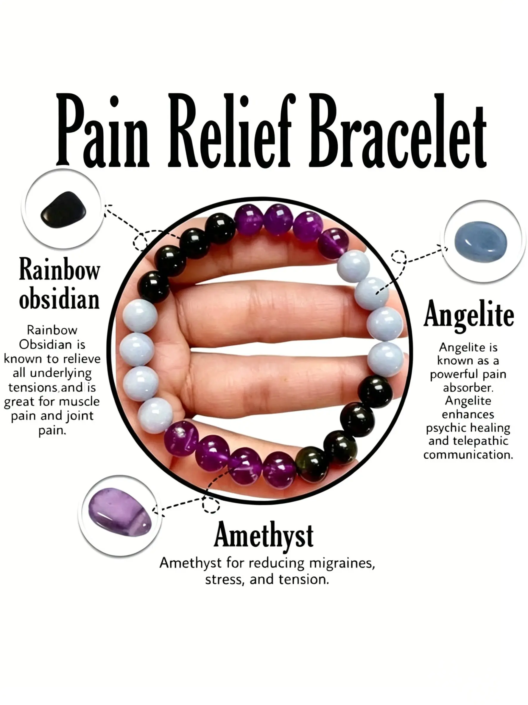 Amethyst & Obsidian Healing Bracelet, Pain Relief Crystal Jewelry, Anxiety & Stress Relief Wristband, Angelite Energy Balancing, Calming & Grounding Stones, Calming Effect, Spiritual Wellness Accessory, Ideal for Work, Travel & Meditation