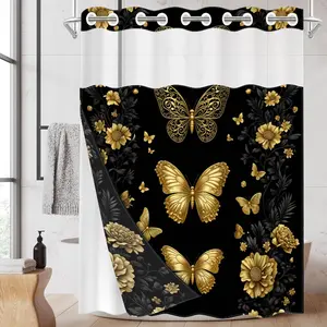 1pc hookless shower curtain with buckle lining, spring black and gold floral and butterfly design, 2D flat printing, fabric waterproof lining, see-through double-layer shower curtain, 71 x 74 inches, modern home draping curtain, Bathroom Curtain
