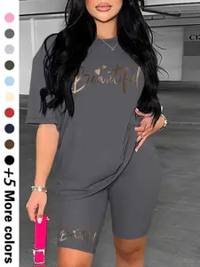 Two-Piece Set Women's Letter Print Crew Neck Tee & Skinny Shorts, Casual Fashion Cozy Round Neck Short Sleeve T-Shirt & Shorts for Daily Outdoor Wear, Ladies Summer Clothes