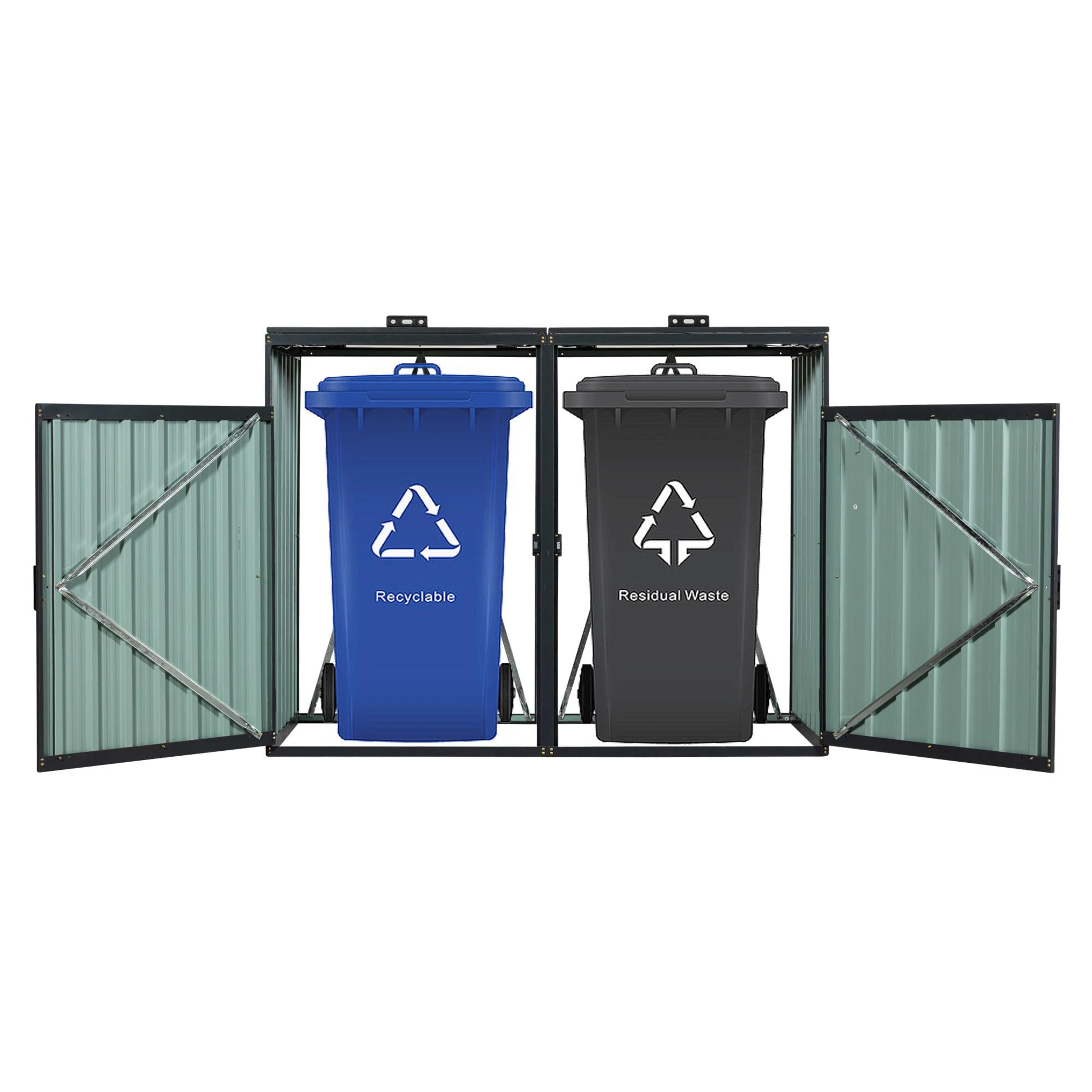 2 Trash Cans Metal Outdoor Bin Shed for Garbage Storage Stainless Galvanized Steel Bin Shed for Garden Yard Lawn