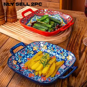 Boho Style Ceramic Serving Plate, 2-Count Exquisite Flower Pattern Plates with Handle, Creative Salad Plates for Home Kitchen, Dining Room & Picnic, Household Modern Ceramic Dinnerware Set, Multicolor Dinner Plates