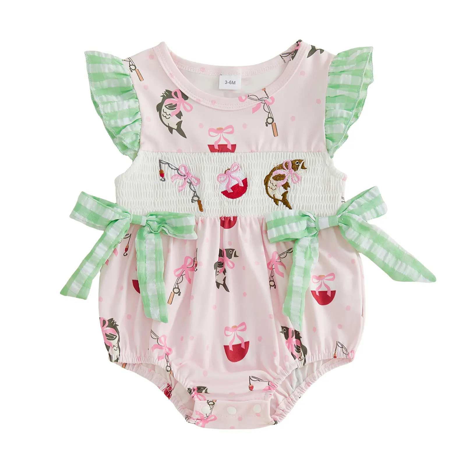 Newborn Baby Girl Fishing Romper Ruffle Sleeve Gingham Bows Smocked Bubble Onesie Bodysuit Outfit Summer Outdoor Clothes