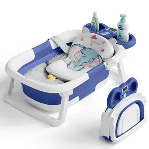 Collapsible Baby Bathtub , Real-Time Temp Monitor, Floating Cushion, Foldable, Drainage, Elephant Design – For Newborns & Toddlers, #SummerVibes