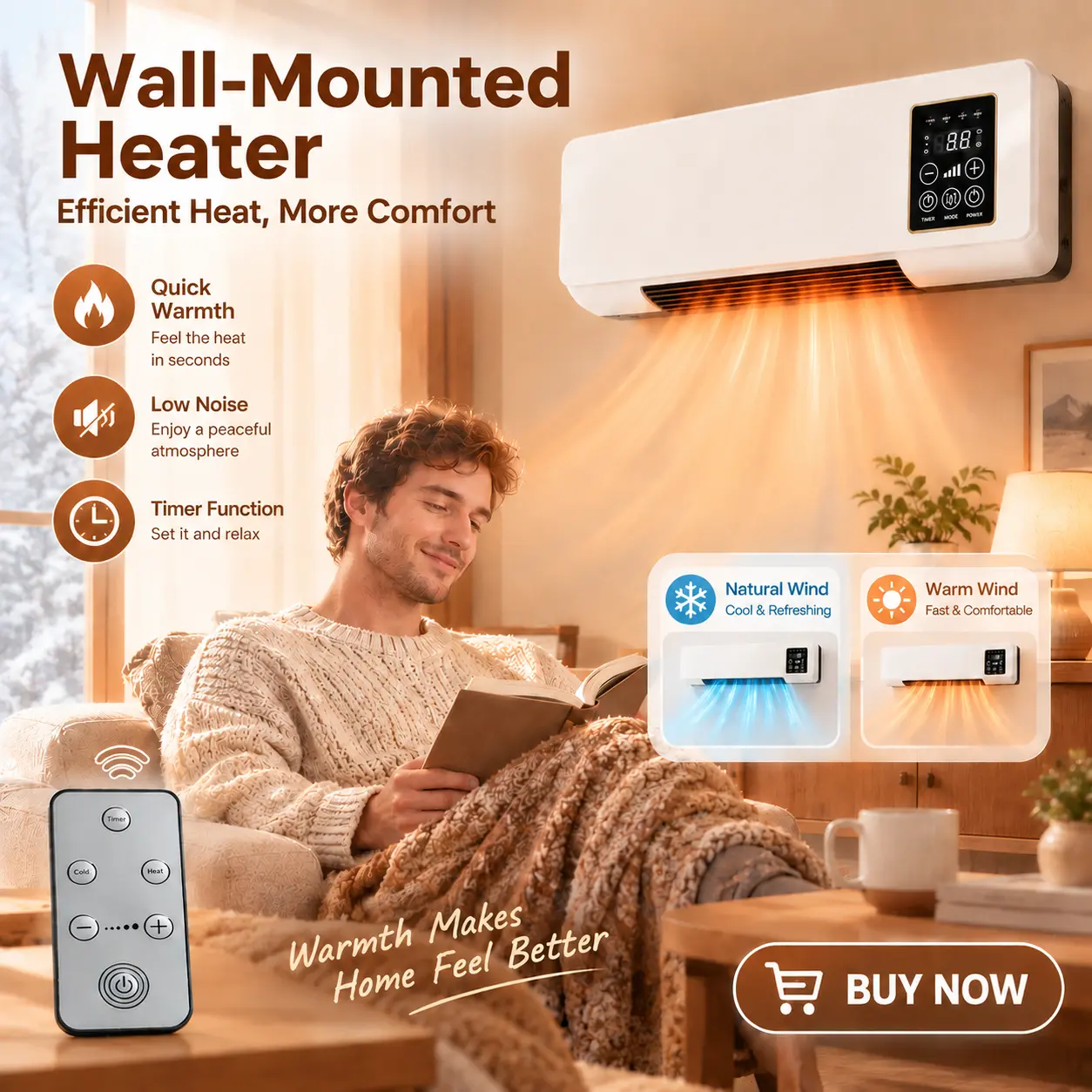 Wall Mount Heater Fan 1800W Fast Heating, Digital Display Remote Control Timer, Heater with Towel Bar for Indoor Use