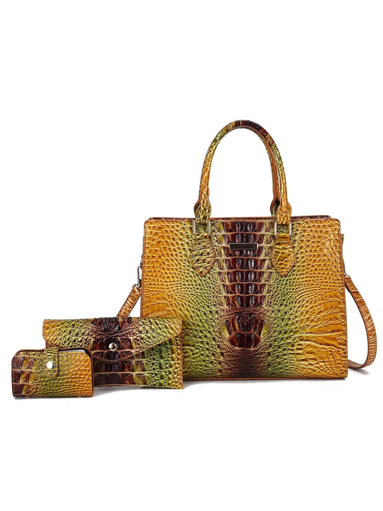 Women's 3pcs Gradient Crocodile Embossed Bag Set - Wardrobe Essential, Casual, Organized, Versatile Glossy Top-Handle Tote, Crossbody Purse, Card Holder for Work, Daily Use, Women's Gifts, Gifts For Women