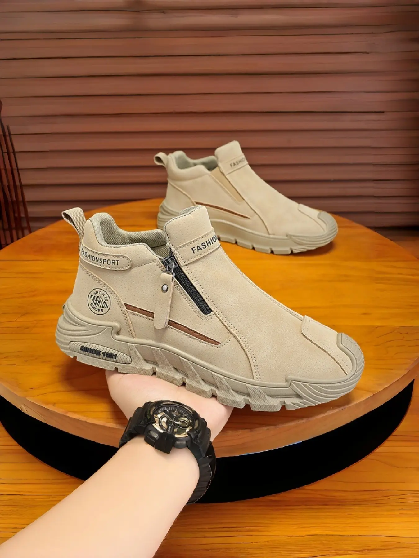 Men's High-Top Zip Casual Sporty Boots | Easy-On Work Footwear Sneakers | Rugged Platform Streetwear Walking Shoes Thick Soled Shoes