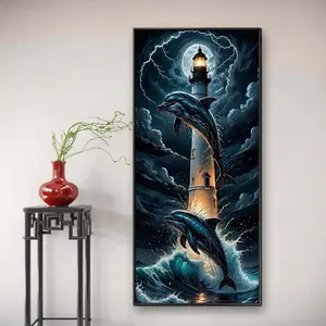 Lighthouse & Dolphin Pattern DIY Diamond Arts Colorful Painting Kit without Frame, DIY 5D Diamond Arts Colorful Painting for Home Bedroom Wall Decor